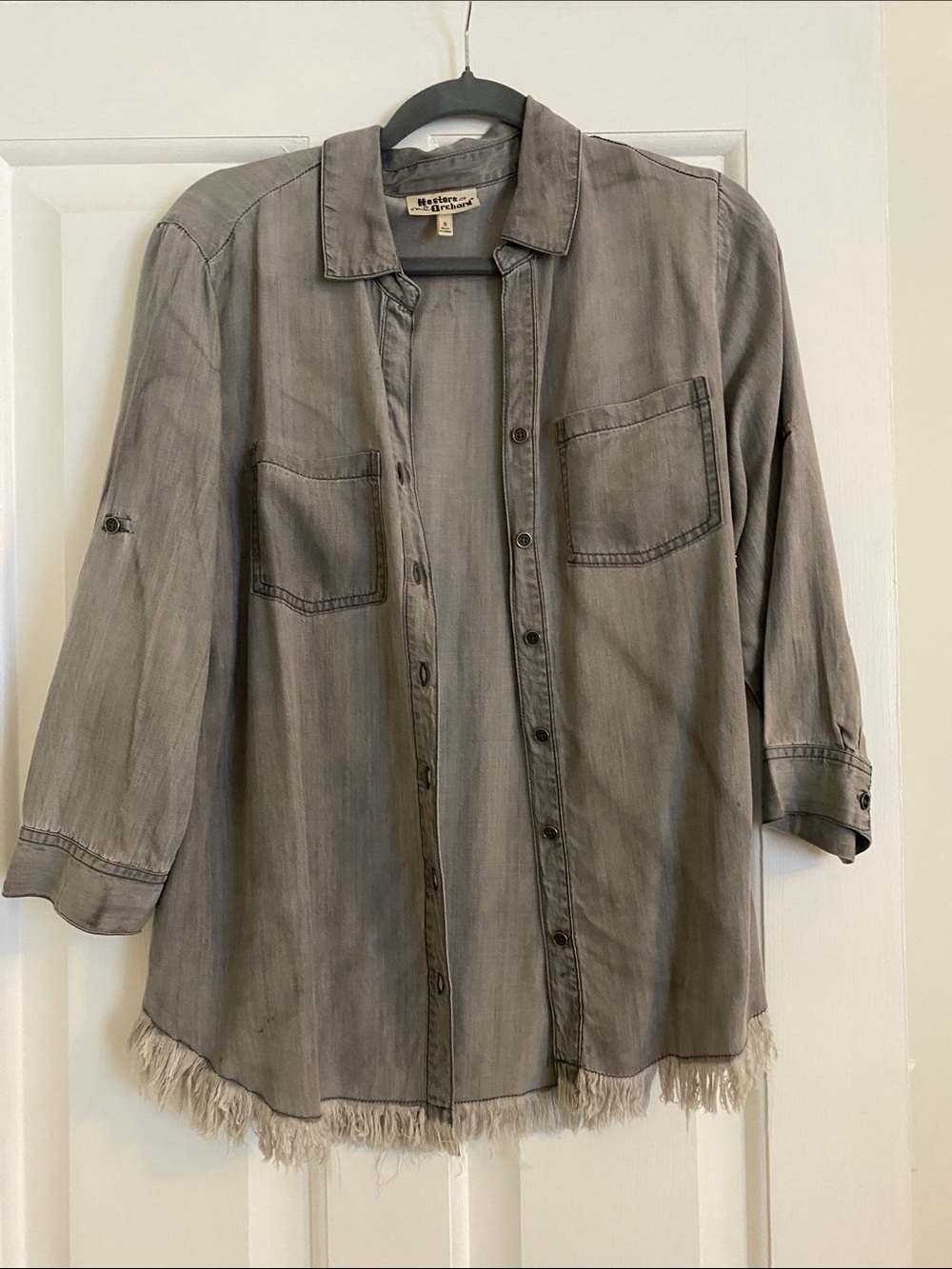 Washed Gray Women's Button-Down Shirt with Frayed Hem